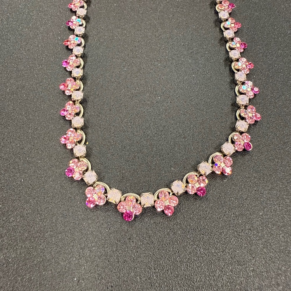 Sorrelli Pink Rhinestone Flower Necklace Silver Tone Floral Crystal Choker 18in - Picture 2 of 3